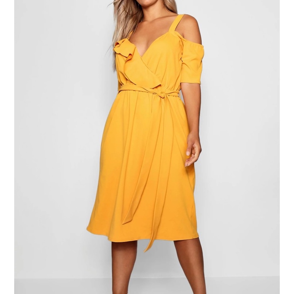 Plunge ruffle belt midi dress